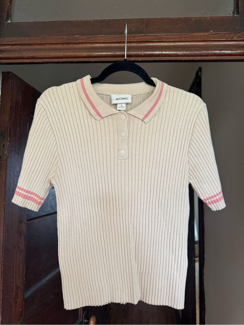 Monki Cream Short-Sleeve Ribbed Polo with Pink Trim